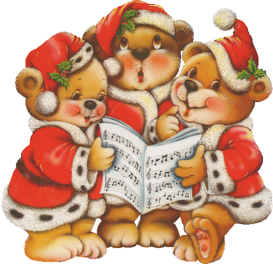 three brown bears in santa claus outfits gathered around sheet music. they are
                             caroling