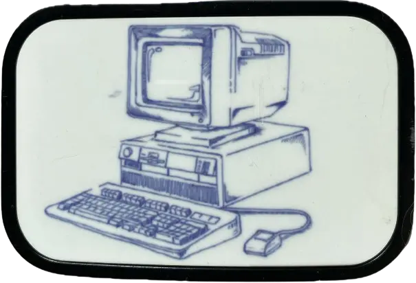 belt buckle of an old chunky computer and keyboard